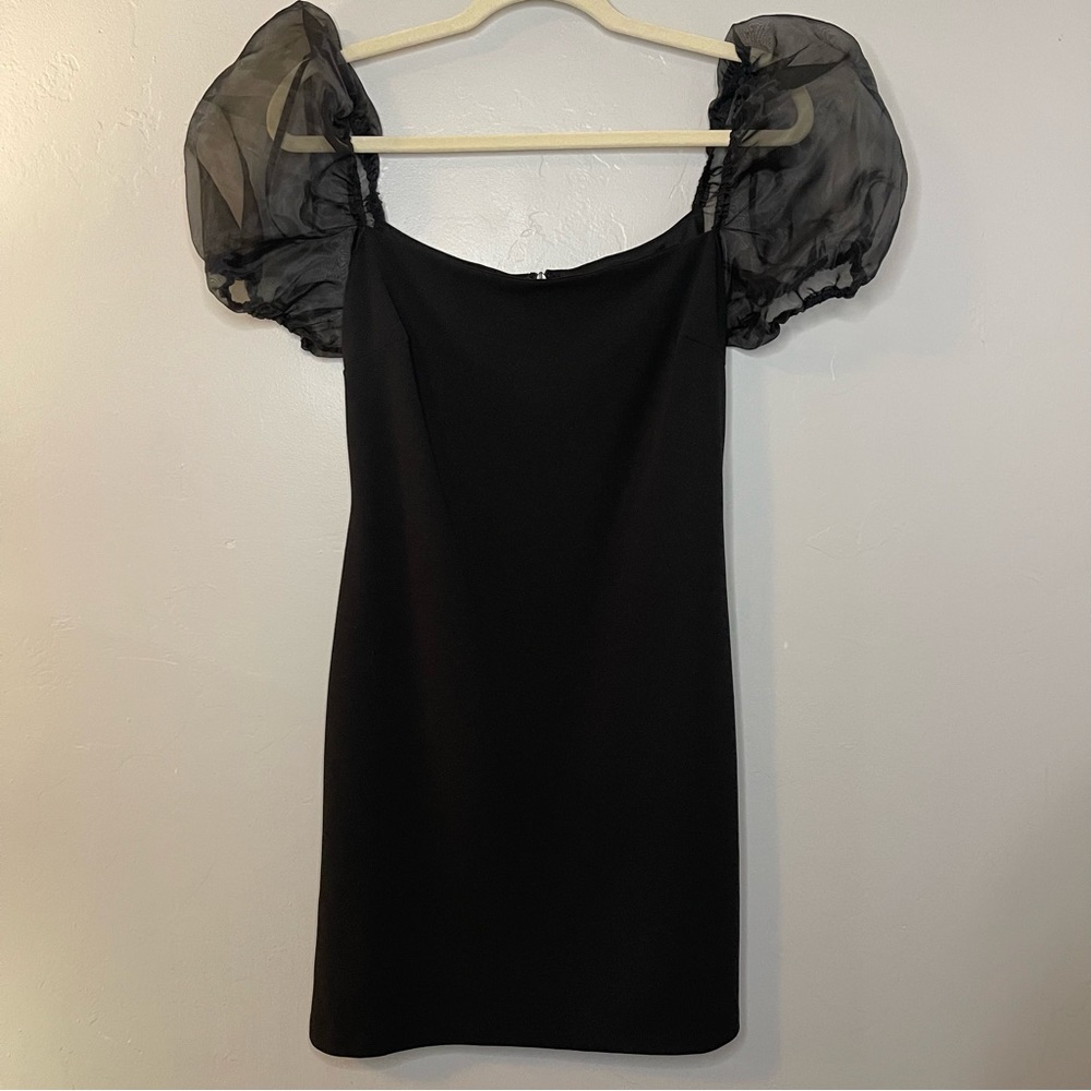 She and Sky Perfect Cocktail Dress Sheer puffy Balloon Sleeves Solid Black Small